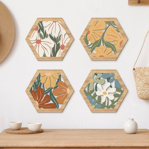 Hexagon Wooden Wall Decor Plaques Hollow Layered Floral Bohemian Nordic Style Hanging Ornament