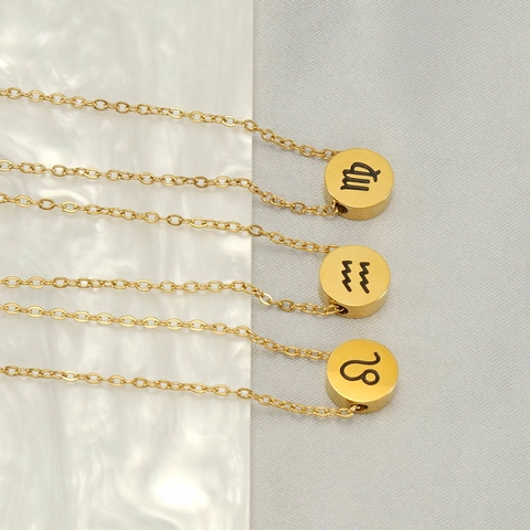 Zodiac Pendant Necklace 18K Gold Plated Stainless Steel Minimalist Round Astrology Sign Ins Style Women Men Unisex