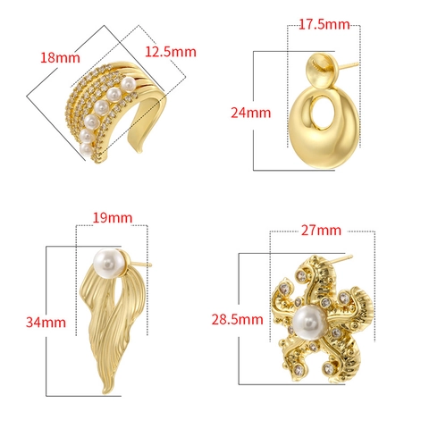 Marine Style Starfish Fishtail Copper 18K Gold Plated Artificial Pearl Rhinestone C-Shaped Ear Cuffs Stud Earrings For Women Jewelry