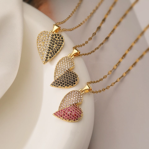 Herz Anhänger Halskette 18K Vergoldet Kupfer Mit Zirkon Diagonal Zweifarbig Micro Pave Zarter Schmuck Für Damen