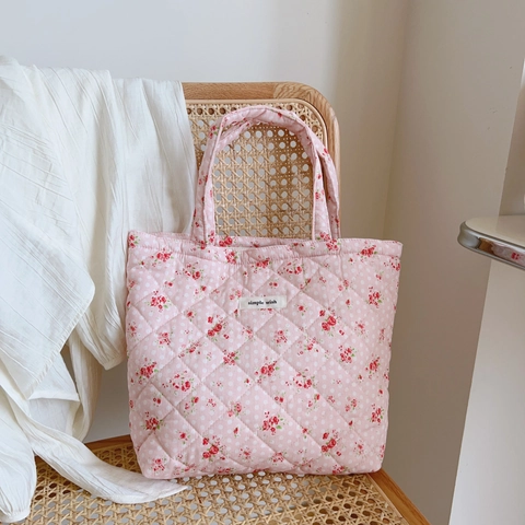Borsa A Mano Trapuntata Floreale Cotone Imbottito Dolce Motivo Borsa Tote Per Donna Casual Quotidiana Portatile