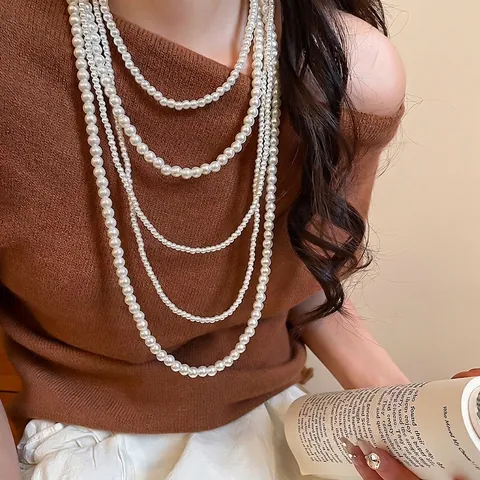 French Vintage Multi Layered Glass Artificial Pearl Necklace Elegant Long Sweater Chain For Women Jewelry With Large Baroque Pendant