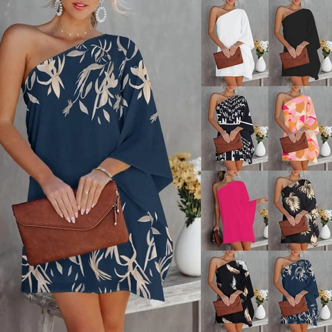 Een Schouder Lange Mouwen Asymmetrische Mini Jurk Bedrukte Casual Losse Polyester Lichtgewicht Mode Jurk
