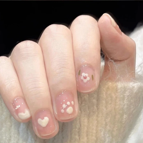 Press On Nails Short Square Round Pink Jelly Cute Flower Heart Pattern Sweet INS Style False Nails For Women