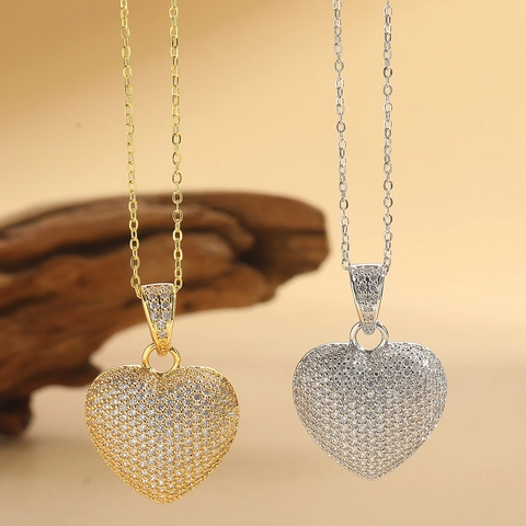 Collar con Colgante de Corazón de Cobre Vintage con Circonia Pavé para Mujer Chapado en Oro Plata Estilo Ins Joyería Elegante