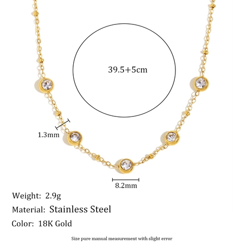 Stainless Steel 18K Gold Plated Necklace With Round Zircons Simple Fashion Bead Chain For Women
