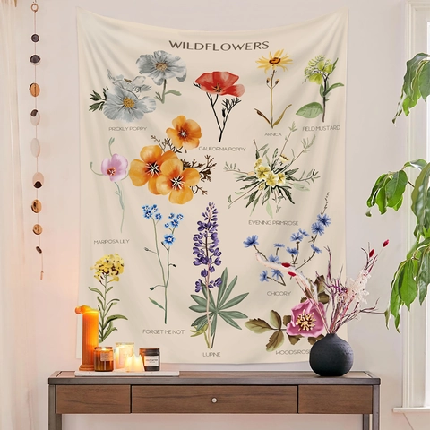 Arazzo Da Parete Fibra Di Poliestere Retro Botanico Fiore Selvatico Girasole Motivo Floreale Panno Decorativo