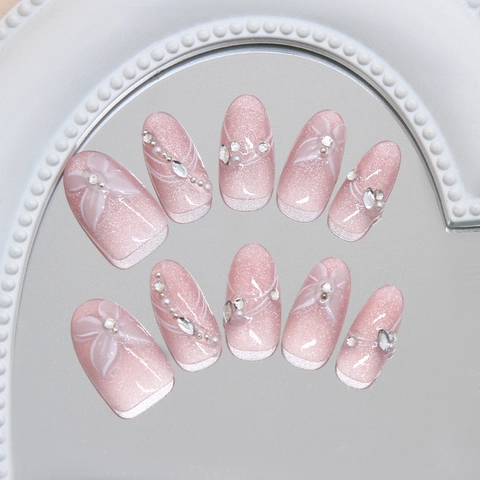 Handgefertigte Aufklebbare Nägel Rosa Katzenauge Schmetterling Dreidimensionale Strass Künstliche Perle Fake Nails Für Damen