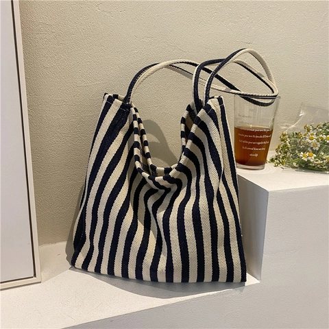 Striped Canvas Tote Bag Large Capacity Casual Shoulder Handbag Retro Style Women Daily Shopping