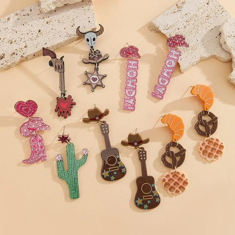 Western Cowboy Acryl Hängeohrringe Kaktus Stiefel Hut Essen Waffel Croissant Herz Howdy Süß Kühl Lustiger Schmuck Für Damen