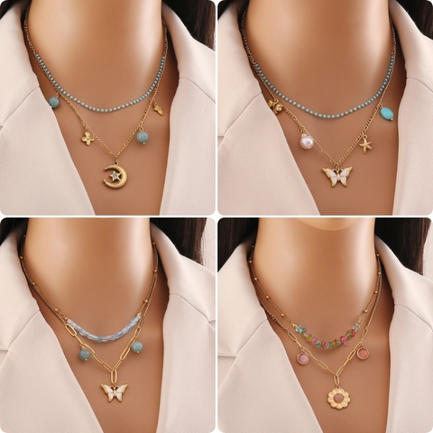 Stainless Steel Double Layer Necklace With Colorful Stone Beads Butterfly Shell Flower Pendant Fashion Jewelry For Women