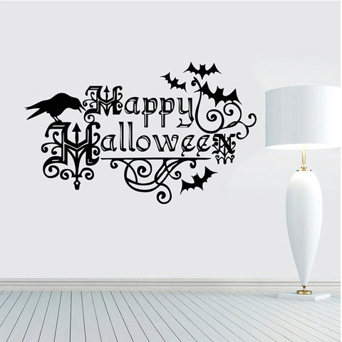 Happy Halloween Wandaufkleber PVC Wasserdicht Schwarz Silhouette Fledermaus Krähe Buchstaben Aufkleber Für Party Deko
