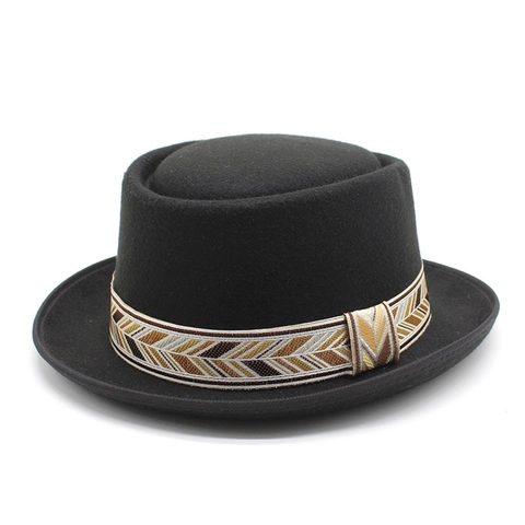 Vintage Pork Pie Hat Wool Felt Flat Top Jazz Fedora With Ethnic Woven Band Geometric Pattern For Men Women