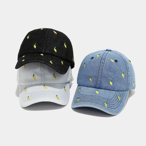 Lemon Embroidery Denim Baseball Cap Washed Cotton Adjustable Vintage Sun Hat For Women Men Outdoor Casual Sports
