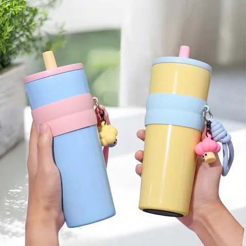 316 Stainless Steel Vacuum Insulated Tumbler With Straw Silicone Sleeve Carry Strap Hanging Pendant Portable Travel Car Cup
