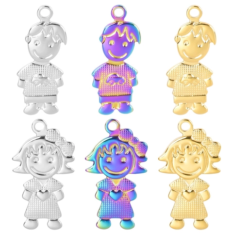 Cartoon Boy Girl Pendant Necklace Stainless Steel Mirror Polished Jewelry Gold Rainbow Plated Gift For Kids Children