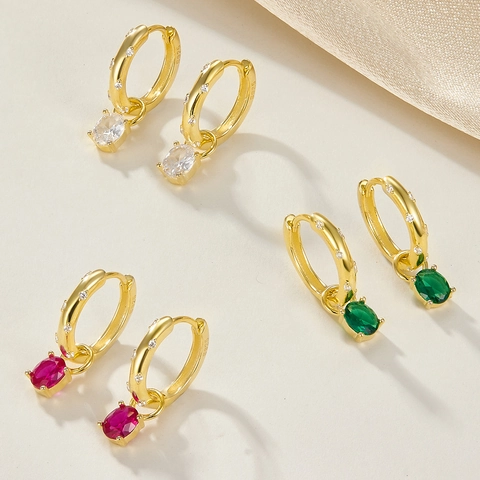 Elegant 925 Sterling Silver Hoop Earrings With Colorful Oval Zircon Pendant Gold Plated Fashion Jewelry For Women