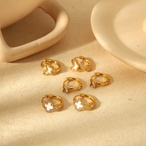 Edelstahl Gold Überzogene Schmetterling Vierblättriges Kleeblatt Stern Strass Creolen Für Damen Mode Schmuck