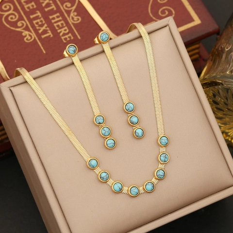 Bijoux Vintage En Acier Inoxydable Turquoise Plaqué Or Collier Bracelet Boucles D Oreilles Pour Femmes Élégant