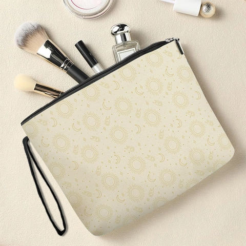 Borsa Per Trucco Con Stampa Sole E Luna Celestiale Pochette Per Cosmetici In Lino Con Cinturino Da Polso Organizzatore Da Viaggio