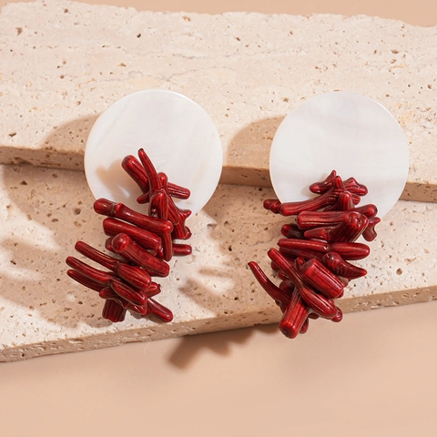 Pendientes Colgantes Rama Coral Resina Concha Con Poste Plata Esterlina 925 Irregular Redondo Rojo Blanco Vacaciones