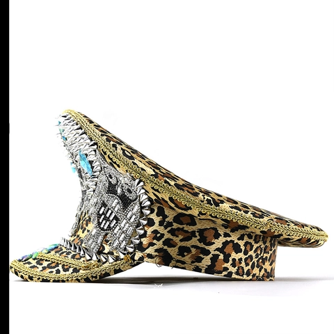 Sombrero De Capitán Militar Leopardo Con Tachuelas Diamantes Fiesta Actuación Disfraz Sombrero Con Búho Decoración Mujer