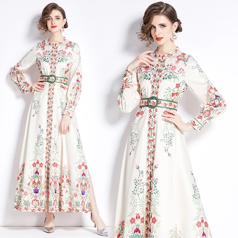 Robe Maxi Élégante À Imprimé Fleuri Pour Femmes Col Montant Manches Longues Boutonnée Style Court Avec Ceinture Blanc Crème