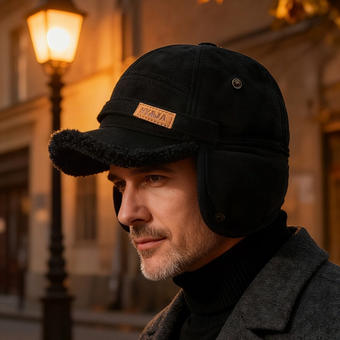 Cappello Aviatore Invernale da Uomo Con Paraorecchie Caldo Pile Sherpa Tessuto Scamosciato Cappello con Visiera Antivento