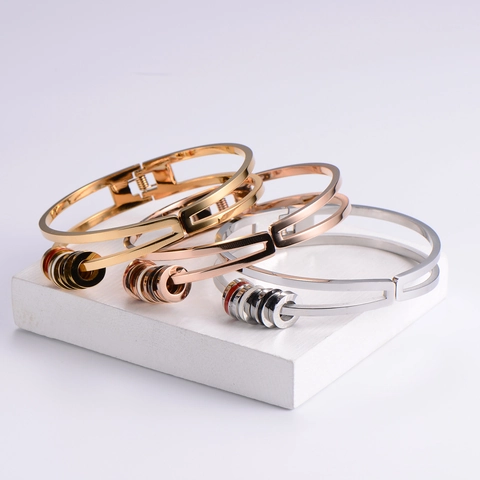 Polished Stainless Steel Bangle With Rotating Colorful Enamel Rings Hollow Double Row Design Minimalist Luxury Fashion