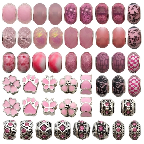 Pink Alloy Enamel Resin Rhinestone Large Hole Beads Charms For DIY Jewelry Making European Style Bracelet Flower Butterfly Heart Design