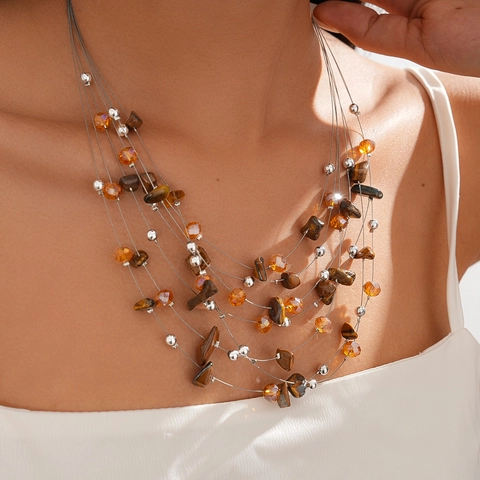 Bohemian Multi Layer Tiger Eye Stone Beaded Necklace Vintage Glass Copper Metal Strand Jewelry For Women