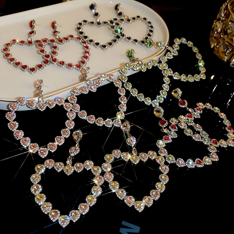 Grandi Orecchini Pendenti A Cuore Con Perno In Argento Sterling 925 Rame Strass Cavo Moda Esagerata Per Donne