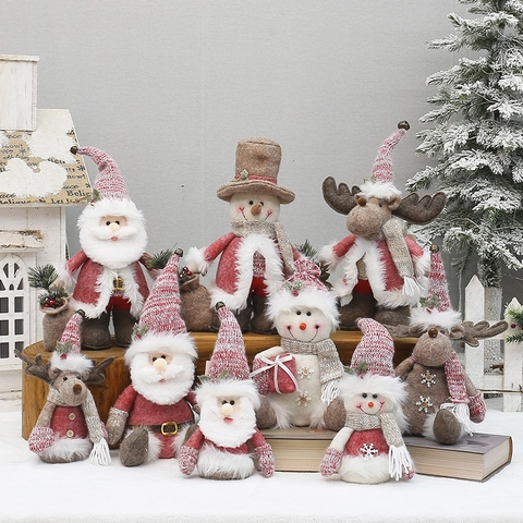 Poupées De Noël En Peluche Père Noël Bonhomme De Neige Renne Tissu Tricot Feutre Figurines De Table Décoration De Fête