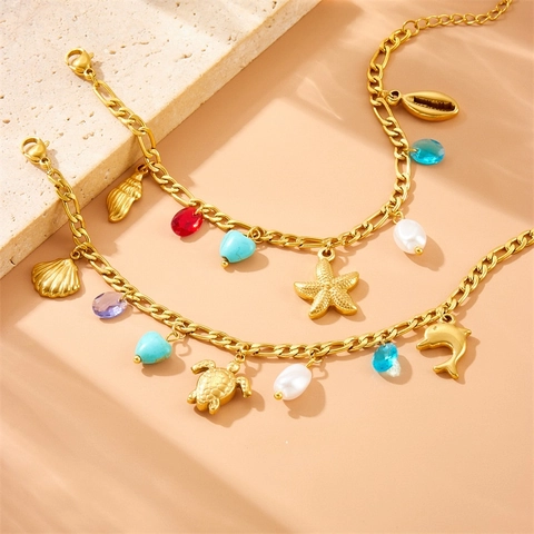 Bracciale Con Ciondoli Acciaio Inossidabile Placcato Oro Oceano Stella Marina Tartaruga Conchiglia Perla Artificial Pietra Colorata Donne Spiaggia Estate