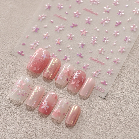 Relief Sakura Nail Art Stickers Holographic Cherry Blossom Floral Self Adhesive DIY Manicure Decals M-355