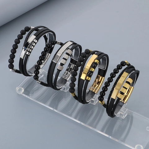 Bracciale Multistrato In Pelle Intrecciata Da Uomo Acciaio Inossidabile Chiusura Magnetica Pietra Lavica Retro Punk