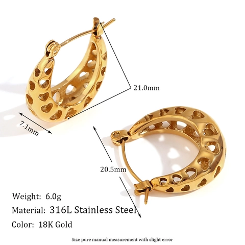Orecchini a Cerchio in Acciaio Inossidabile a Forma di U con Cuore Cavo per Donna Placcato Oro 18K Vintage Minimalista Gioielli
