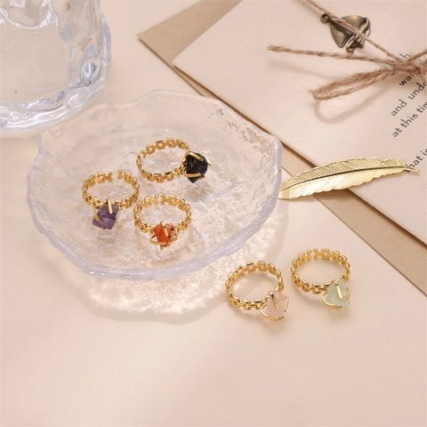 Natural Stone Stainless Steel Ring Adjustable Open Band Geometric Chain Design Bohemia Style Jewelry Women