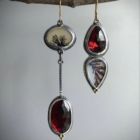 Vintage Long Drop Earrings With Red Rhinestone And Natural Stone Asymmetric Jewelry For Women Earring Post