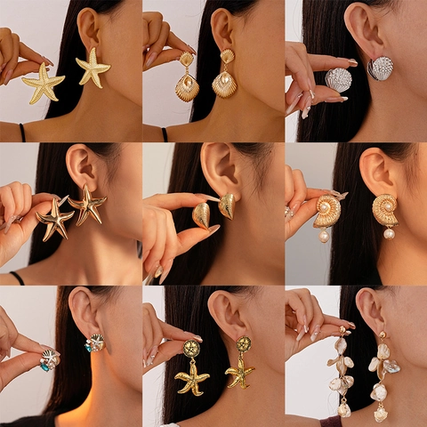 Ocean Theme Jewelry Alloy Earrings Necklace Bracelet With Shell Imitation Artificial Pearl Summer Beach Vacation Style For Women