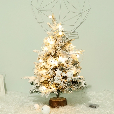 Mini Christmas Tree Desktop Ornament PE Flocked Snow Effect With LED String Lights Wood Base Artificial Xmas Decoration
