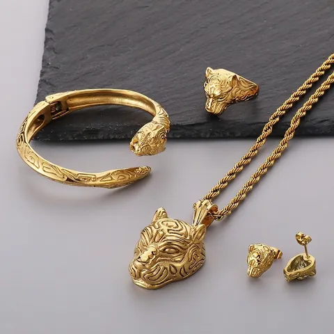 Herren Tigerkopf Halskette Anhänger Offener Armreif Ring Ohrstecker 316L Edelstahl 18K Vergoldet Punk Chinesisches Sternzeichen Schmuck