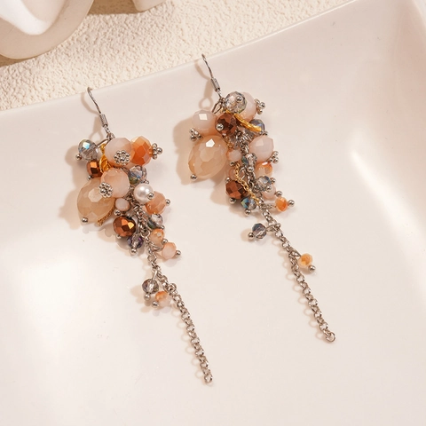 Orecchini Pendenti Boho Retrò Lunghi Perline Di Vetro Perla Artificial Di Imitazione Foglia Lega Con Perno In Argento Per Donna
