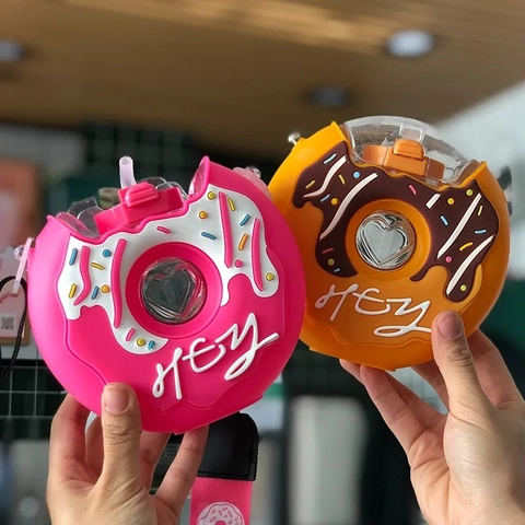 Donut Shape Kids Water Bottle With Silicone Sleeve Straw Leakproof Portable Cartoon Drinkware For School Travel