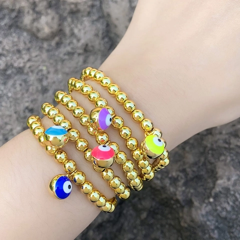Bracciale Perline Malocchio Rame Placcato Oro 18K Smalto Zircone Amuleto Portafortuna Gioielli Boho Donna