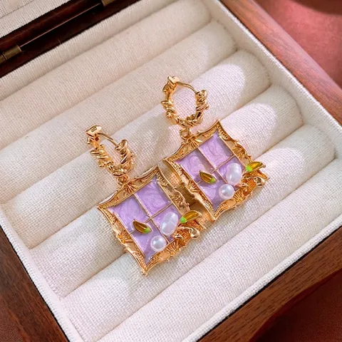 Vintage Square Enamel Drop Earrings Lavender Purple Window Frame Alloy Imitation Artificial Pearl Silver Earring Post For Women