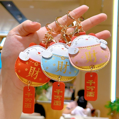 Glückskatze Schlüsselanhänger PU-Leder Legierung Metall Glücksbringer Tasche Anhänger Auto Schlüsselring Japanischer Maneki-Neko-Stil