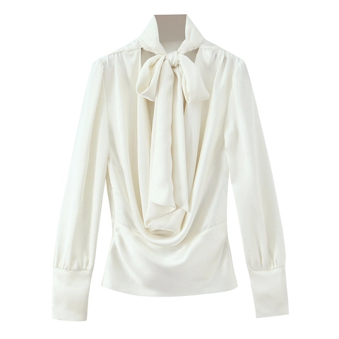 Satin Blouse Long Sleeve Bow Tie Neck Shirt Backless Elegant Solid Color Fashion Office Top For Women