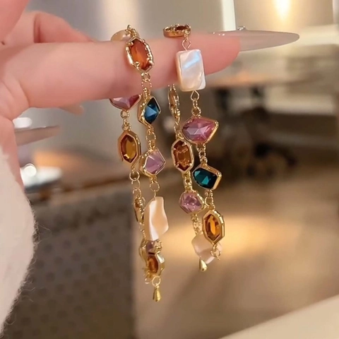 Pulsera Colorida Cuadrada Geométrica Para Mujer Lujo Ligero Aleación Incrustaciones Vidrio Concha Ajustable Retro Joyería Diaria