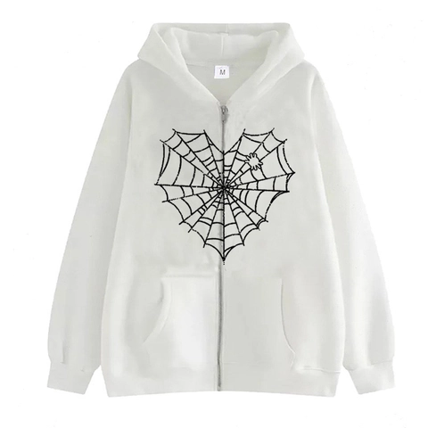 Zip Up Hoodie Spider Web Heart Print Gothic Streetwear Sweatshirt Long Sleeve Drawstring Pocket Men Women